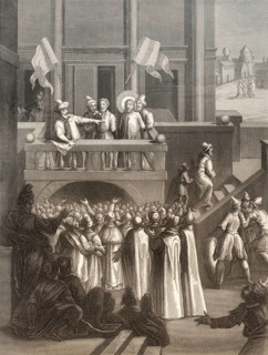 The Sanhedrin trial of Jesus, New Testament, steel engraving 1853, digitally restored