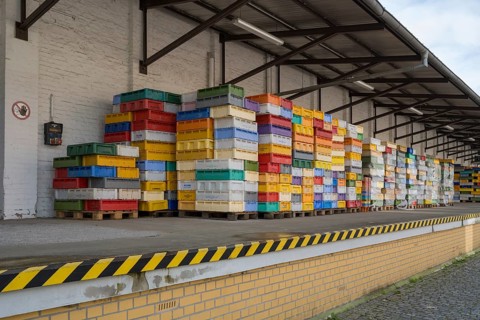 Numerous colored containers are stacked at a warehouse, Sassnitz, Rügen, Insel, Baltic Sea,