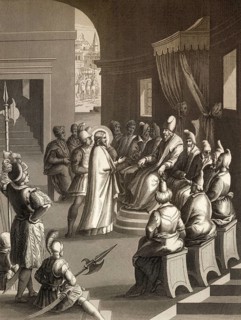 The Sanhedrin trial of Jesus, New Testament, steel engraving 1853, digitally restored