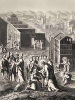 Healing the man blind from birth, New Testament, steel engraving 1853, digitally restored