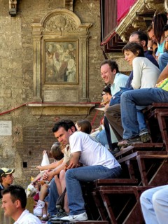 Il Palio di Siena, historic horse race, grandstand with spectators, Piazza del Campo, historic