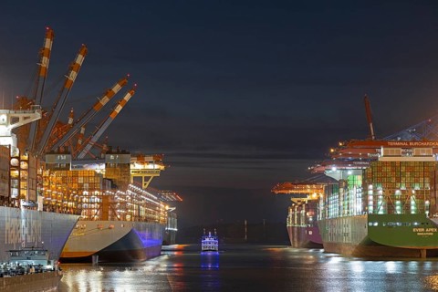 Blue Hour, container port, Eurogate and Burchardkai container terminals, container ships, Raddamper