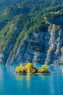 Small chive island in the turquoise waters of Lake Walen, Canton St. Gallen, Switzerland