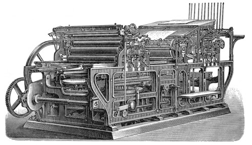 Historical illustration, 19th Century, Industrial printing press, Koenig & Bauer, Druckmaschine,
