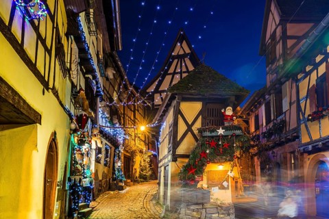 Houses illuminated and decorated for Christmas, Christmas market, blue hour, Eguisheim, Haut-Rhin