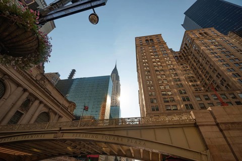 From below the morning view of Pershing Square Plaza in front of Grand Central Terminal with the