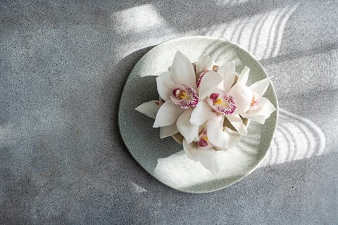 A cluster of delicate white orchids with pink centers rests gracefully on a round plate, casting