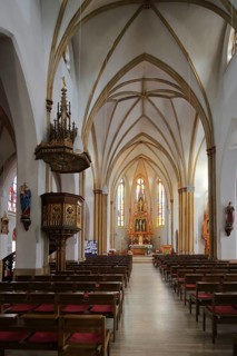 Interior view with pulpit of the neo-Gothic St. Mary's Church in Neustadt an der Weinstraße,