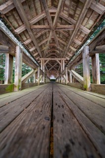 Detailed interior view of a bridge with symmetrical wooden elements, Kälberbrücke, Enzklösterle,