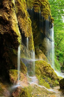The Schleier Falls on the Ammer, moss-covered waterfall, Ammergau Alps, Bavaria, Germany