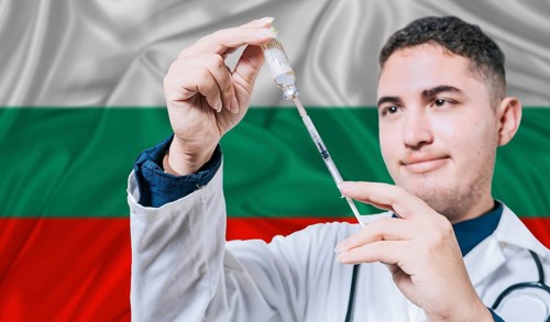 Doctor holding syringe on Bulgaria flag background. Medical professional holding syringe with
