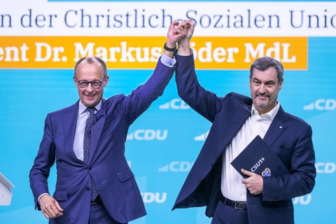 38th Federal Party Congress of the CDU of Germany in Stuttgart. Greetings from Markus Söder, party