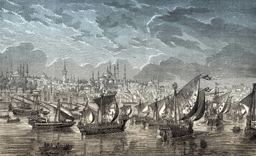 The fleet of the crusaders in front of Constantinople during the Fourth Crusade in 1203, Riva