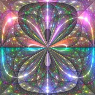 This digital art features a symmetrical, vibrant pattern evoking the visual style of galaxies,