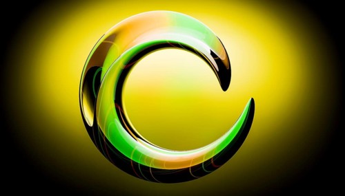 Abstract 3D illustration featuring a glossy green crescent, set against a vibrant yellow and black
