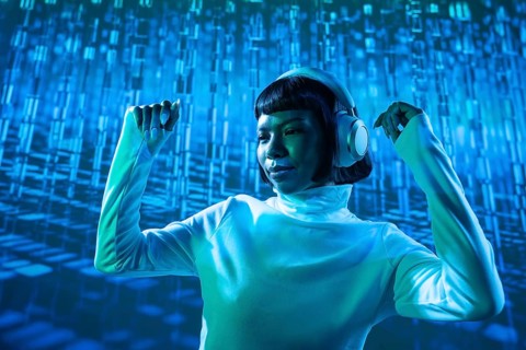 A futuristic Latin woman, immersed in music, wearing headphones. Her expression reveals a deep
