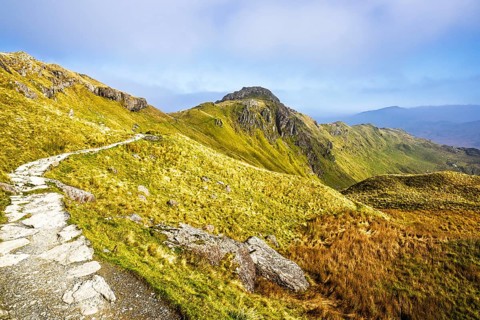 Pyg Track over Llyn Llydaw lake, Pen-y-Pass, mountain pass, Snowdonia, Gwynedd, north-west Wales,