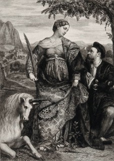 St Justina with a unicorn and a man praying to her. Etching by W. Unger after Moretto of Brescia,
