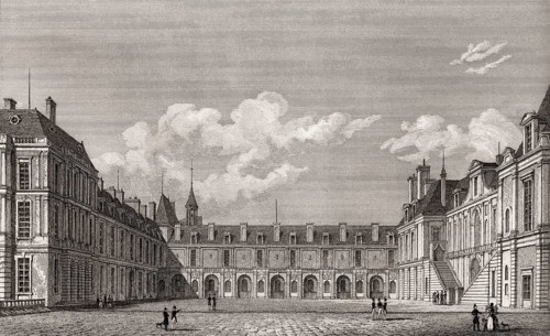 The Royal Château de Fontainebleau, near Paris, antique steel engraved print, 1831