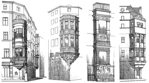 Historical architectural illustration from the 19th Century, 1882, facade with bay windows in