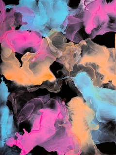 Vibrant abstract artwork featuring neon pinks, blues, and oranges that swirl against a dark