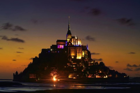 France, Normandy, Mont Abbey. St. Michel at night, Normandy, France