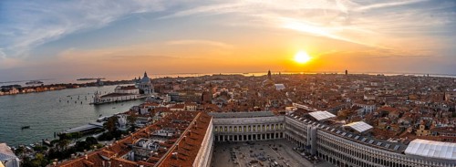 Panorama, St Mark's Square and Basilica di Santa Maria della Salute on the Grand Canal at sunset,