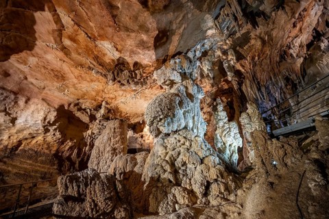 Stalactites and stalagmites, rock formations in a stalactite cave, Grotta del Fico, Gulf of Orosei,