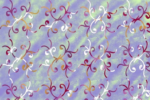 A seamless decorative pattern with swirling floral motifs in red, white, and gold tones against a
