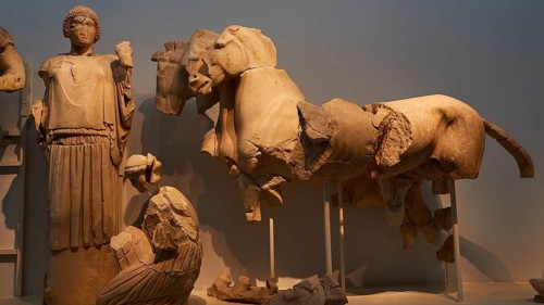 Four horse team of Pelops, Hippodameia and her kneeling servant, east pediment of the Temple of