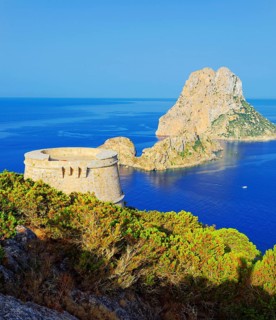 View of Torre des Savinar and Es Vedra island, Ibiza, Balearic Islands, Spain