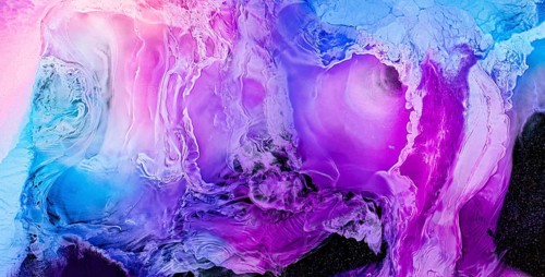 This abstract artwork displays a stunning blend of blue, pink, and purple hues, creating a liquids,