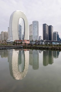 Stunning view of modern highrise architecture in Batumi, Georgia, with sleek buildings reflecting