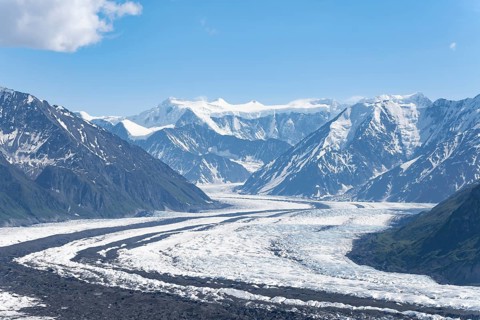 View of impressive mountain landscape with Matanuska glacier and glaciated mountain peaks, Lion's