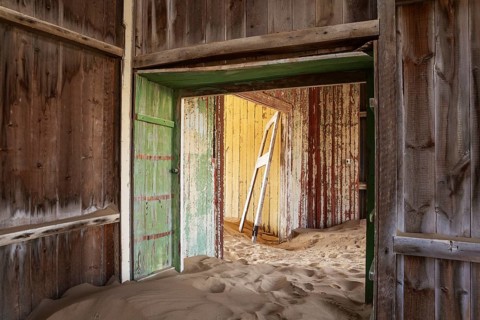 At Kolmanskop, the abandoned ghost town of the diamond days of the early 1900 and of German origin.