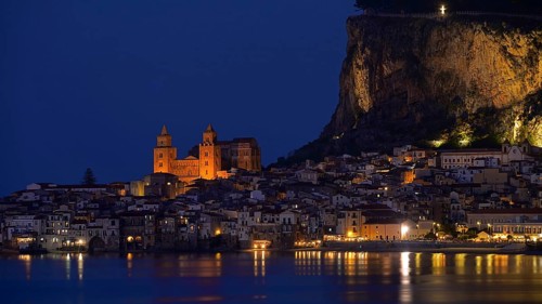 View of the coastal town of Cefalu at night, church, lights, Sicily, Italy, Cefalu, Sicily, Italy