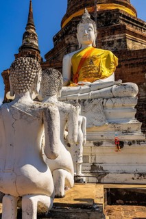 Stone Buddha statues, historic Buddhist temple complex, Ayutthaya, Thailand