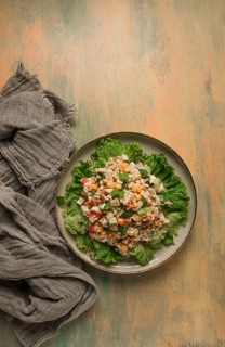 Canned corn salad, with crab sticks, top view, no people