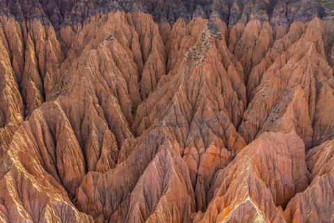 Aerial view showcasing a striking example of gully erosion, with deep, rugged valleys and ridges