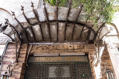 Cairo, Egypt. April 3rd 2025. The closed entrance door to the historic Windsor Hotel, A colonial