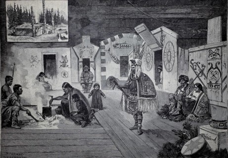 Home of the Vancouver Indians, 1890, Canada, illustration, reproduction from a 19th century model.