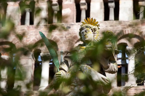 An angel in front of the abbey church St. Stephanus and St. Vitus, Abbey Castle Corvey in Hoexter,