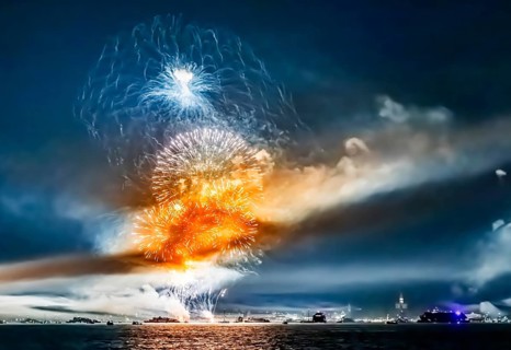 Lake Night Festival Constance. Water fireworks over the German shore and the neighbouring Swiss