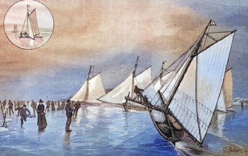 Iceboat sailing on the Baltic Sea, Germany, coloured wood engraving, reproduction of an original