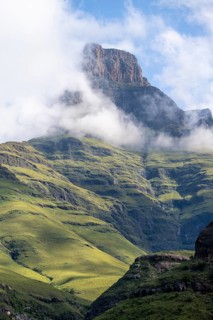 Mountains with fog at the amphitheatre, Drakensberg National Park, KwaZulu Natal, South Africa