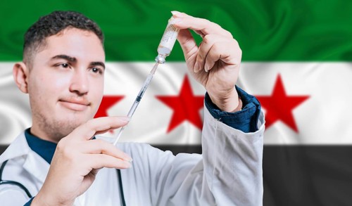 Doctor holding syringe on Syria flag background. Medical professional holding syringe with Syrian