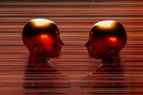 Two metal humanoids stand between illuminated lines representing the concept of artificial