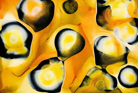 Dynamic abstract design featuring yellow and black liquids shapes with smooth textures. Bright and