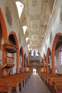 Interior view with pulpit, City Church of St Sebastian built 14th century, Bischofsplatz, Old Town,