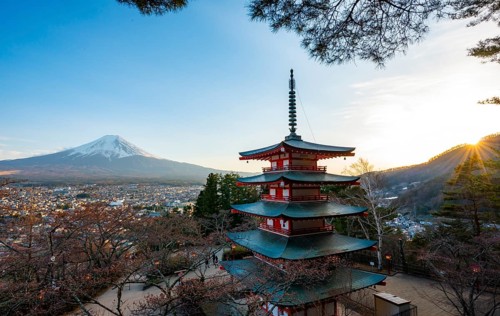 Five-story pagoda of a Shinto Shrine, Chureito Pagoda, with sunset view of Fujiyoshida City and